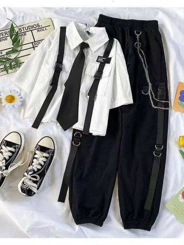 Fashion Cargo Pants Suit Female Harajuku Casual Shirt Short-Sleeved Top High Waist Loose Joggers Trousers Women Pants Streetwear