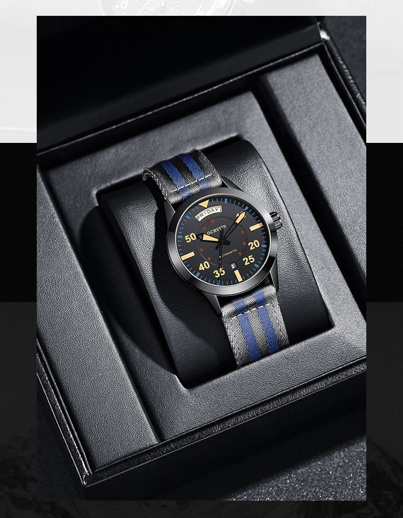 OCHSTIN New Top Brand Automatic Mechanical Watches for Men Military Nylon Strap Pilot Watch Male Auto Date Day Relogio Masculino
