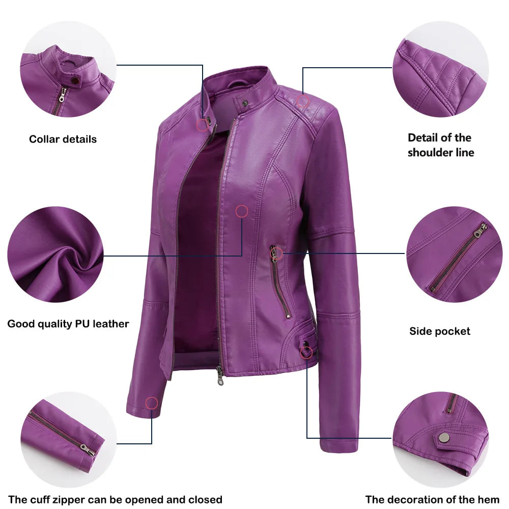 Faux Leather Jacket Women 2026 Autumn Spring Women's Moto Biker Jacket Red Black Coat Brown Purple Blue 3xl 4xl Coffee XS Beige