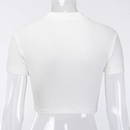 New Fashion Slim Fit Zipper T-shirt Women Female Bustier Corset Tops High Neck Women Crop Top Tee Solid Shirt White