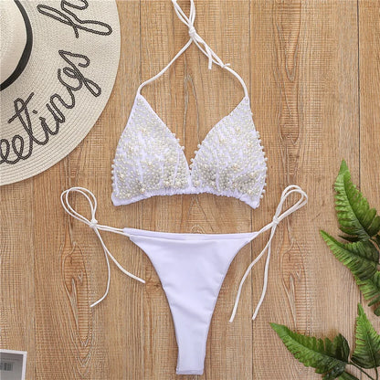 S - XL Halter Luxury Pearl Bikini Female Swimsuit Women Swimwear Two-pieces Bikini set Mini Micro Bather Bathing Suit Swim Lady