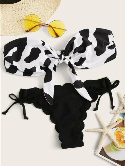 Beach Bikini 2025 Woman Sexy Front Lace Up Tie Bandeau Leopard Swimsuit Female Push Up Ruffled Bow Bathing Suit Thong Swimwear