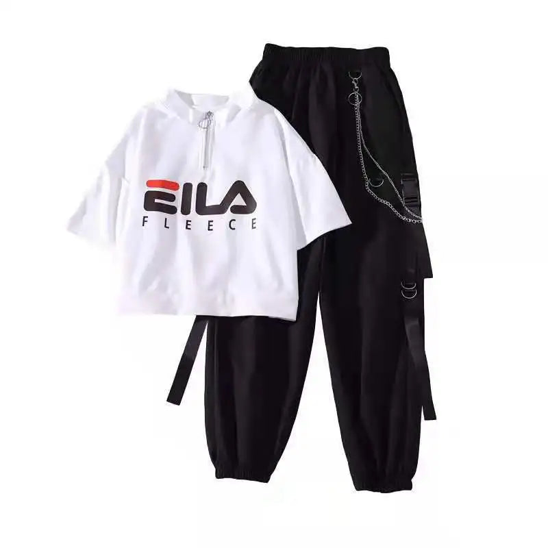 Fashion Cargo Pants Suit Female Harajuku Casual Shirt Short-Sleeved Top High Waist Loose Joggers Trousers Women Pants Streetwear