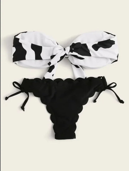 Beach Bikini 2025 Woman Sexy Front Lace Up Tie Bandeau Leopard Swimsuit Female Push Up Ruffled Bow Bathing Suit Thong Swimwear