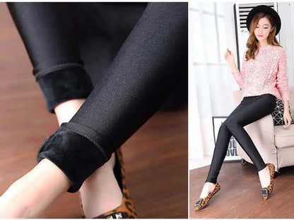 Autumn Winter Thick Leggings Fashion Solid Slim Pants Lady fleece Warm Leggings Casual Black Shiny High Waist Leggings