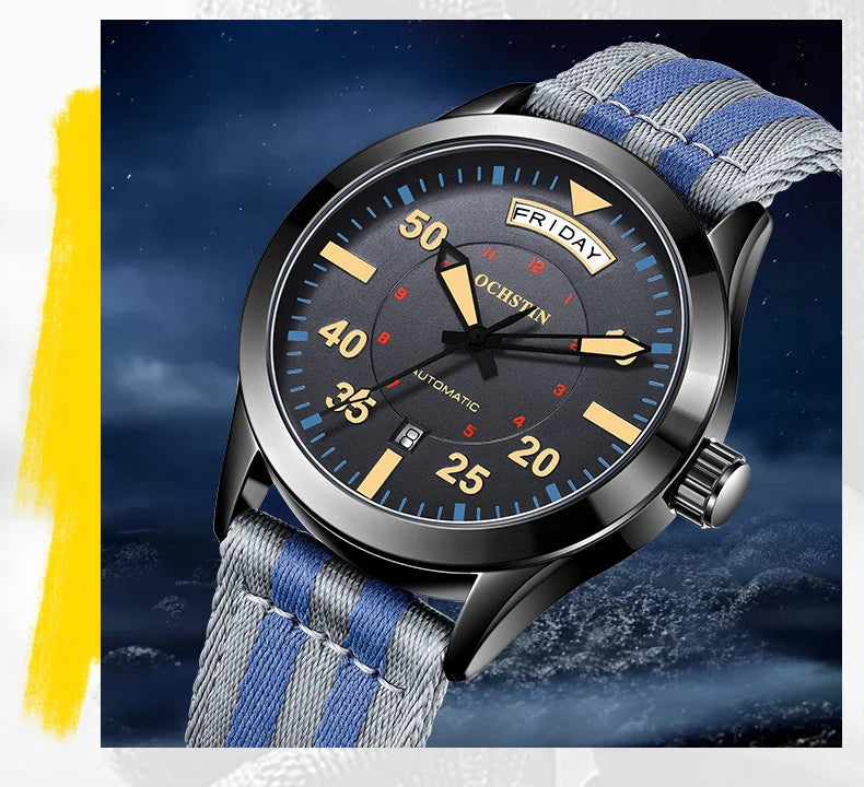 OCHSTIN New Top Brand Automatic Mechanical Watches for Men Military Nylon Strap Pilot Watch Male Auto Date Day Relogio Masculino