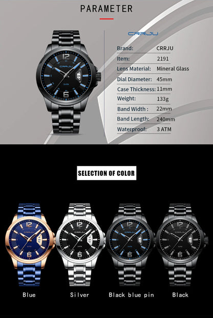 CRRJU Mens Watches Luxury Stainless Steel Business Man Watch  Classic Calendar Waterproof Quartz Watch for Men Relogio Masculino