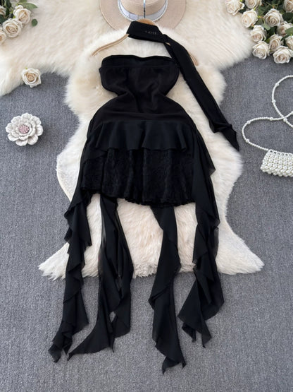 Foamlina French Style White Strapless Dress Women Summer Lace Irregular Flanged Ribbon Design Girl's Holiday Shopping Dresses