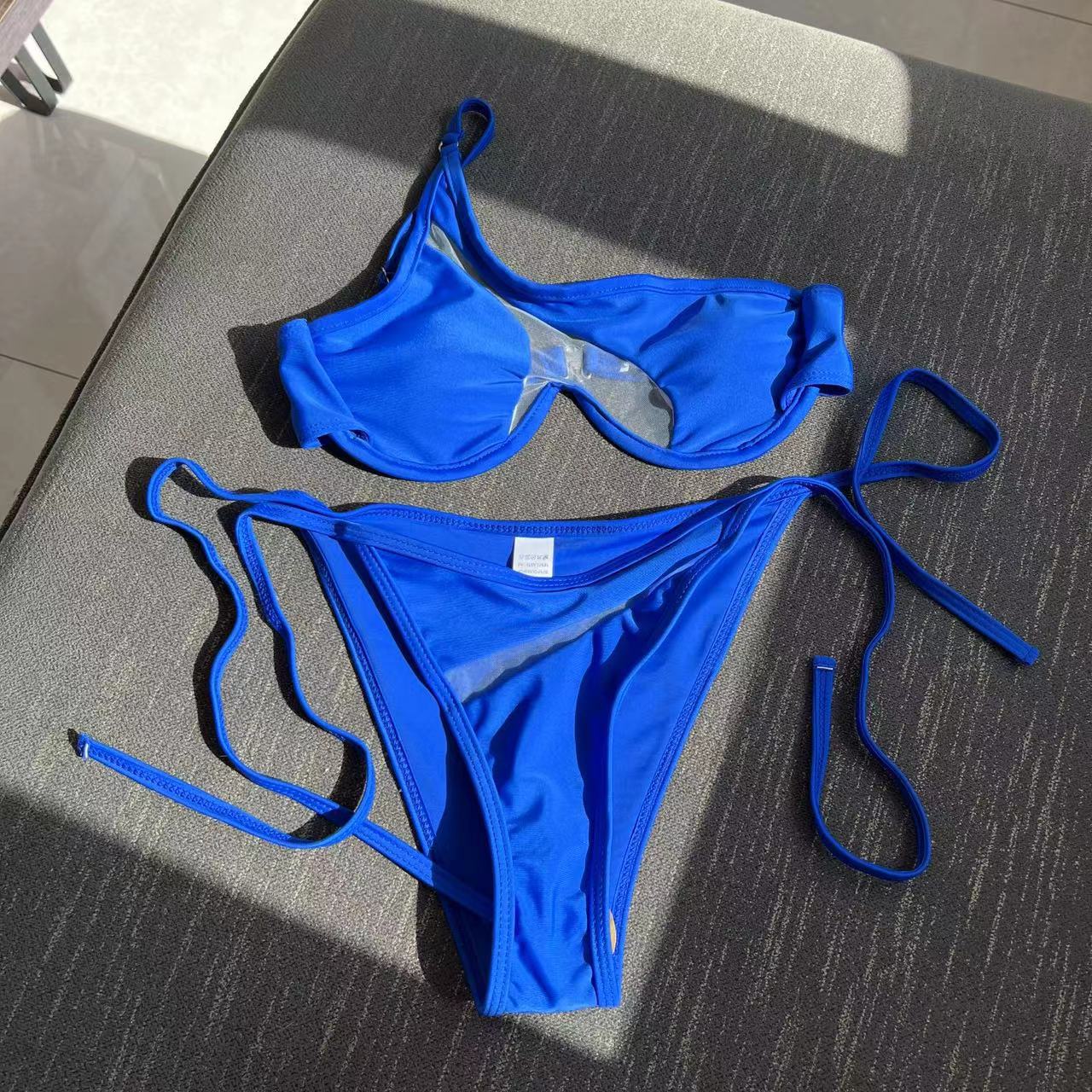 Splicing Mesh One Shoulder Underwire V-bar Bikini Women Swimsuit Female Swimwear Two pieces Bikini set Push Up Bathing suit Swim