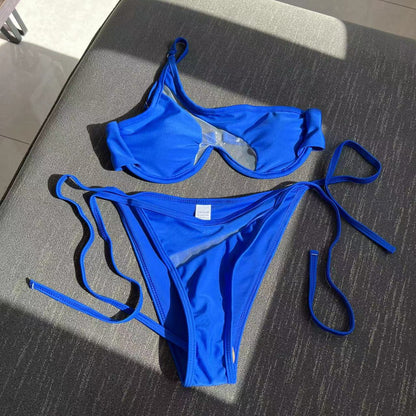 Splicing Mesh One Shoulder Underwire V-bar Bikini Women Swimsuit Female Swimwear Two pieces Bikini set Push Up Bathing suit Swim