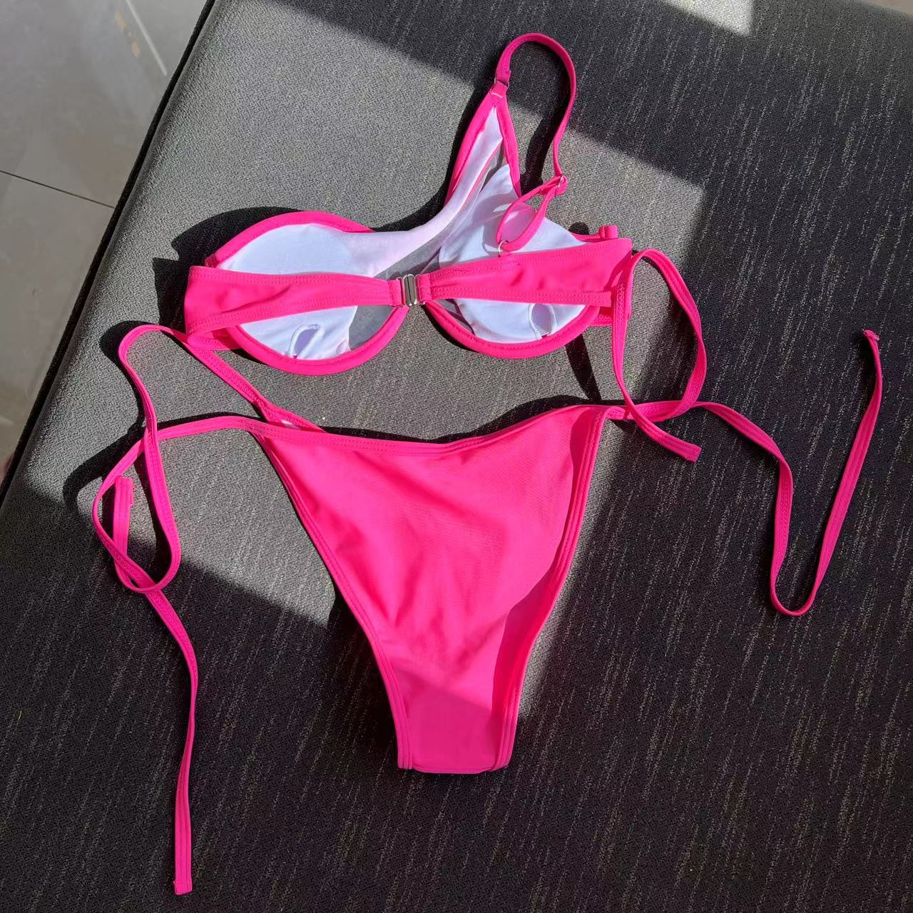 Splicing Mesh One Shoulder Underwire V-bar Bikini Women Swimsuit Female Swimwear Two pieces Bikini set Push Up Bathing suit Swim