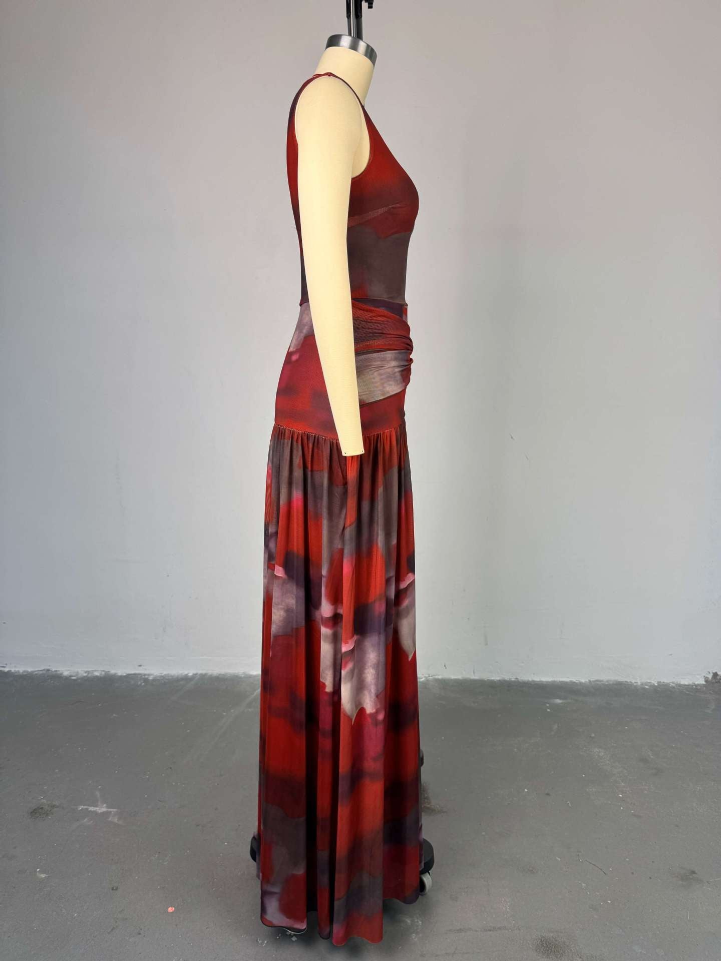 CM.YAYA Elegant Women Print Sleeveless Sweet O-neck Floor-Length Long Dress 2025 Beach Party Birthday Sexy Split Pleated Dresses
