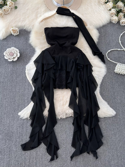 Foamlina French Style White Strapless Dress Women Summer Lace Irregular Flanged Ribbon Design Girl's Holiday Shopping Dresses