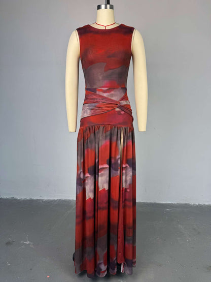 CM.YAYA Elegant Women Print Sleeveless Sweet O-neck Floor-Length Long Dress 2025 Beach Party Birthday Sexy Split Pleated Dresses