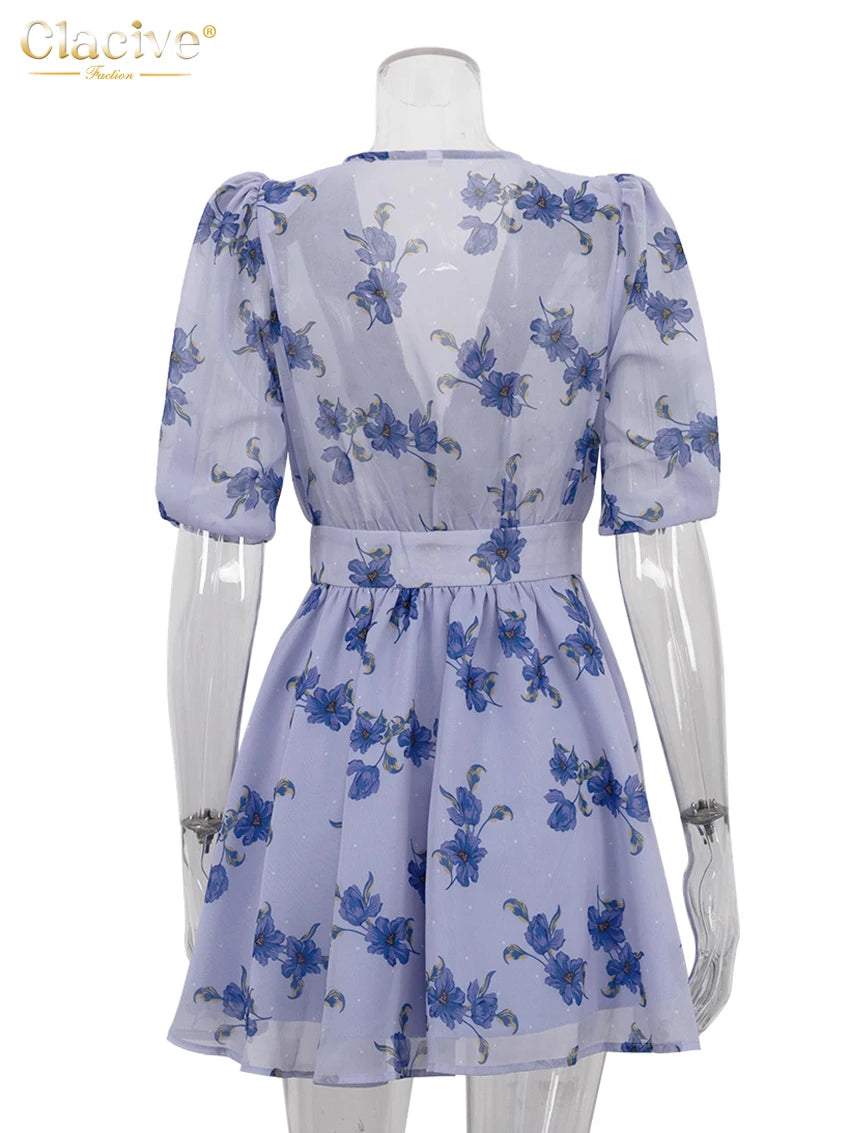 Clacive Fashion Loose Print Women Dress 2025 Sexy Deep V-Neck Short Sleeve Mini Dresses Elegant Classic High Waist Female Dress