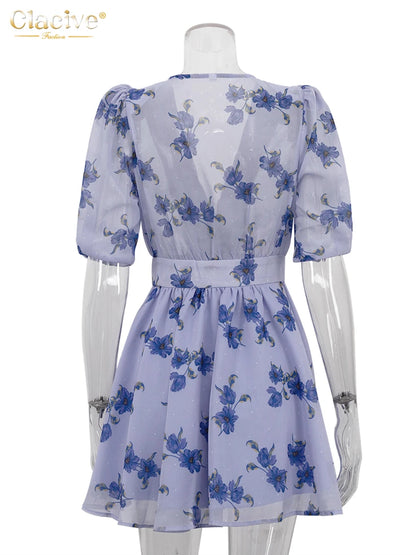 Clacive Fashion Loose Print Women Dress 2025 Sexy Deep V-Neck Short Sleeve Mini Dresses Elegant Classic High Waist Female Dress