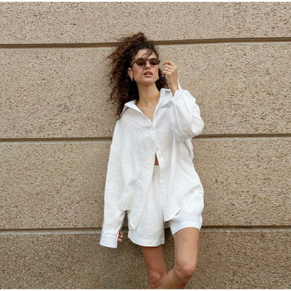 Casual Cotton Linen Pants Suit Women Solid Cozy Lapel Single Breasted Shirt Elastic Waist Wide Leg Pant 2026 Summer Loose Outfit