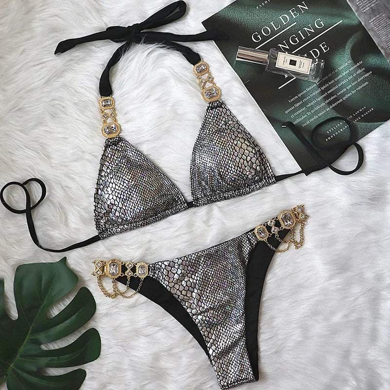 2026 Shiny Rhinestone Diamond Bikini Women Swimsuit Female Swimwear Two Pieces Bikini Set Halter Metal Chains Bathing Suit Swim
