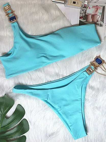 2026 Shiny Rhinestone Diamond Bikini Women Swimsuit Female Swimwear Two Pieces Bikini Set Halter Metal Chains Bathing Suit Swim