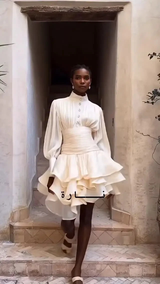 Women Elegant High Collar Ruffled Mini Dress Chic Long Puff Sleeves Waist Cinching A-line Dresses 2026 Lady Evening Dinner Gowns