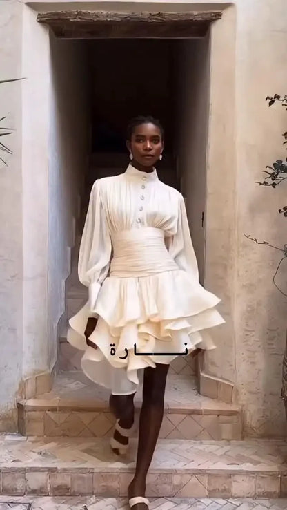 Women Elegant High Collar Ruffled Mini Dress Chic Long Puff Sleeves Waist Cinching A-line Dresses 2026 Lady Evening Dinner Gowns