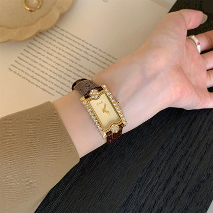 Rectangular Diamond-set Women's Quartz Watch High-end Temperament Simple Fashionable Watches Belt Wristwatch Match Items Gifts