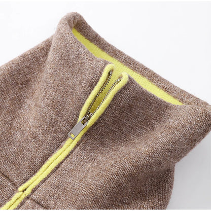 Fashion Contrasting Knitted Cardigan for Women Elegant Long Sleeve Pockets Zipper Sweater 2026 Spring Street Lady Chic Outwear
