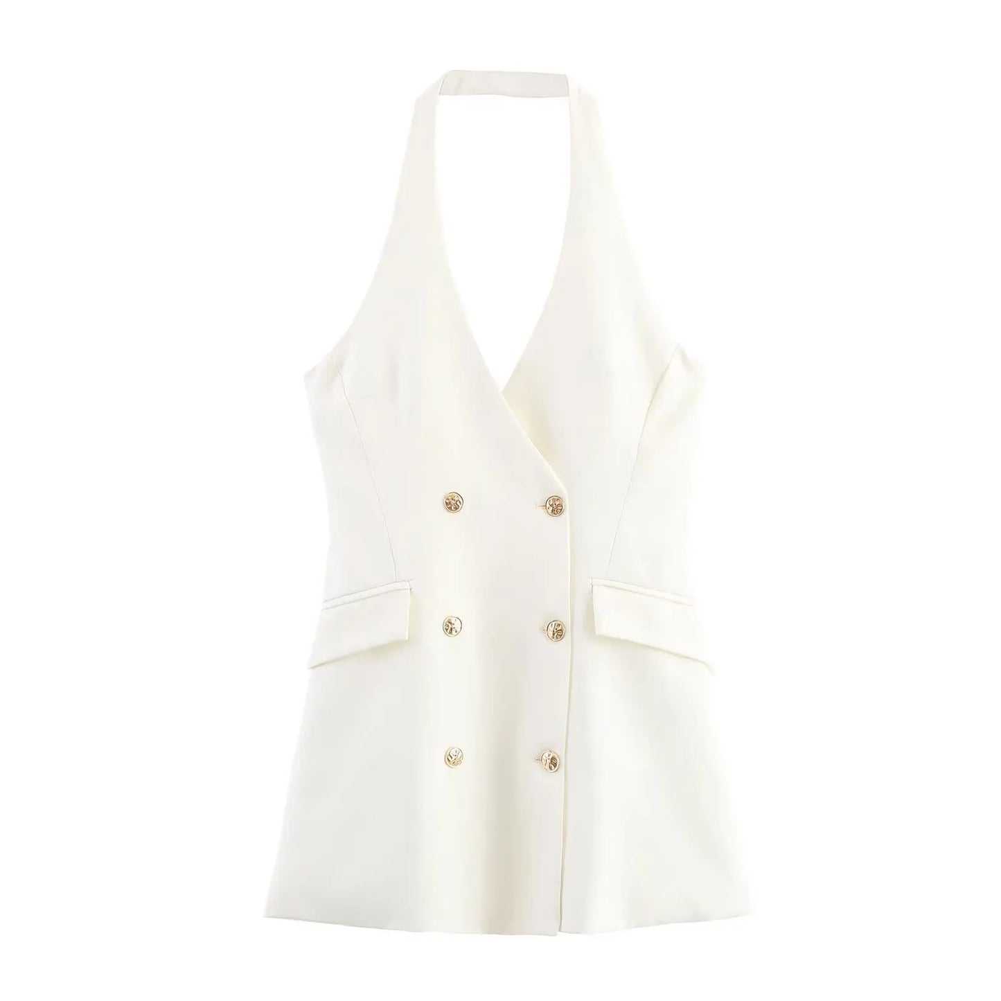 HH Female Sexy Mini Dress Grey Turn-Down Collar Sleeveless Backless Double Breasted Summer A-Line Dresses Woman New Trendy