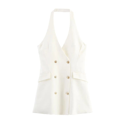 HH Female Sexy Mini Dress Grey Turn-Down Collar Sleeveless Backless Double Breasted Summer A-Line Dresses Woman New Trendy