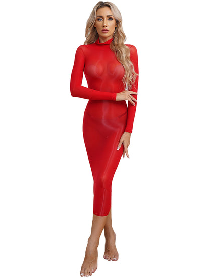 Womens See Though Bodycon Dress Sexy Lingerie Nightwear Long Sleeve Stretchy Glossy Dresses Tempting Party Pole Dancing Clubwear