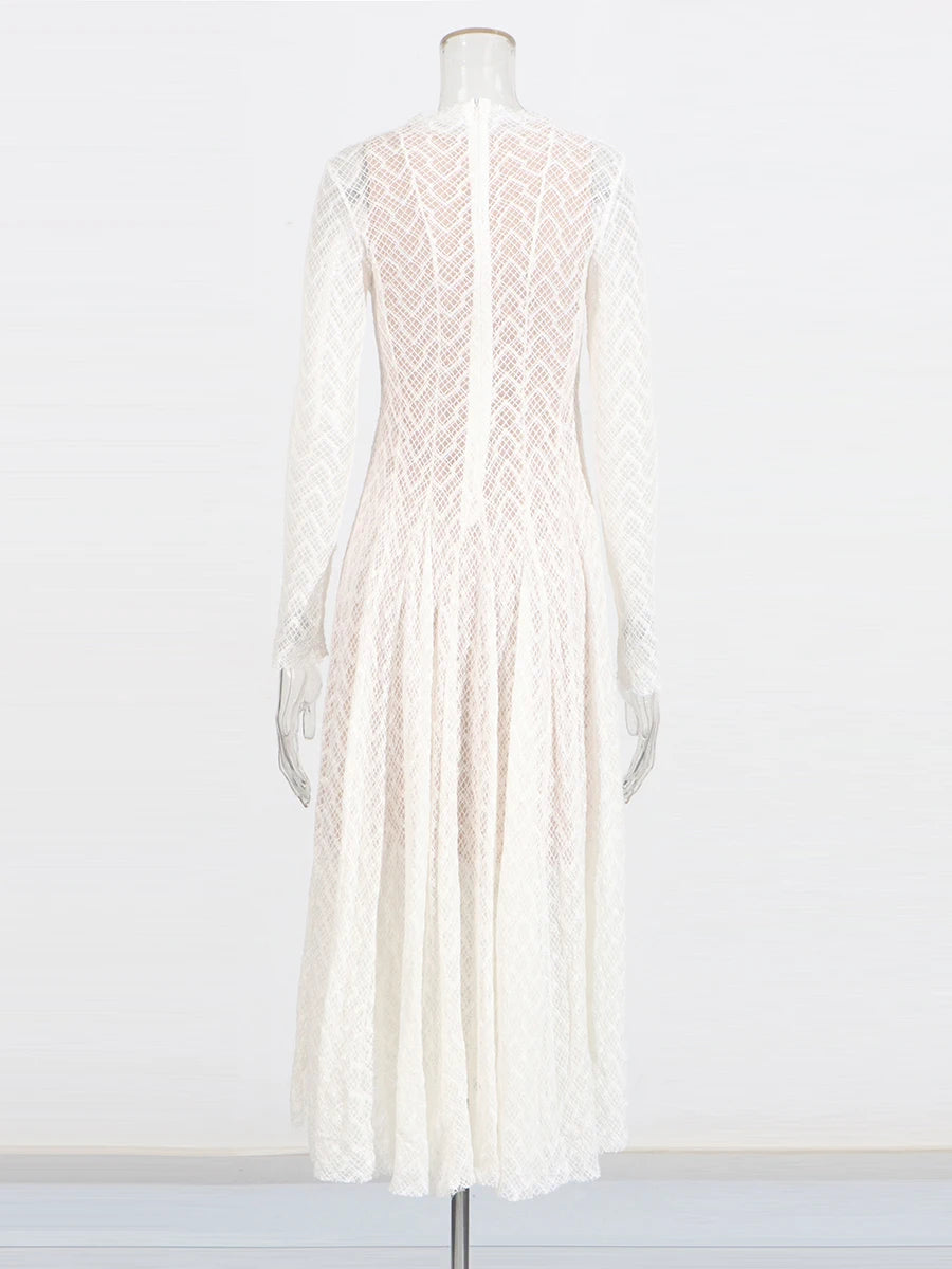 TWOTWINSTYLE Hollow Out Mesh Long Dress for Women Stand Collar Slimming Long Sleeve High Waist Chic Pleated Dresses Female New