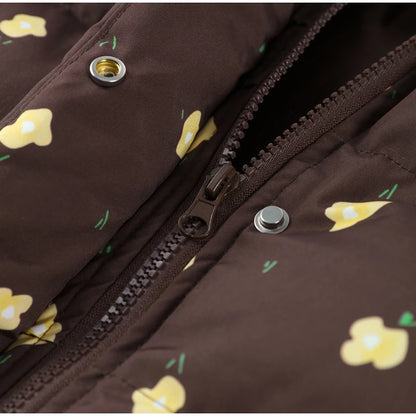 Printed Hooded Puffy Cotton Jacket Women Stand Collar Long Sleeve Zipper Loose Padded Coats 2025 Winter Lady Warm Outwear Street