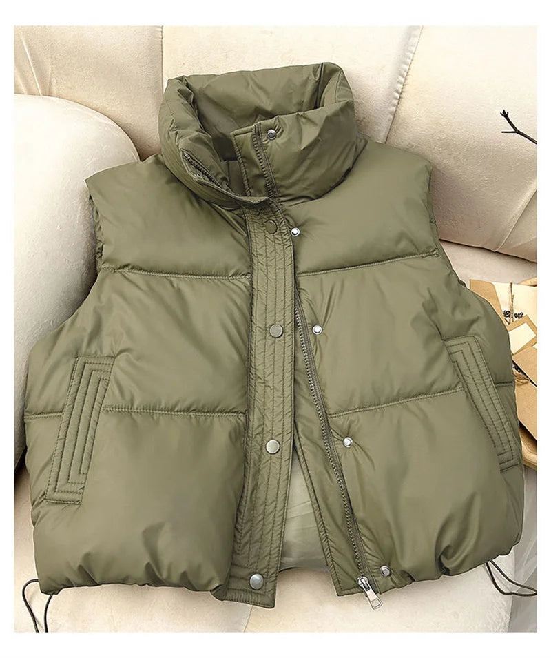 Winter Down Cotton Vest Jacket Women's 2025 New Sleevele Stand Parkas Warm Short Vest Coat Female Waistcoat Overcoat Ladies Tops