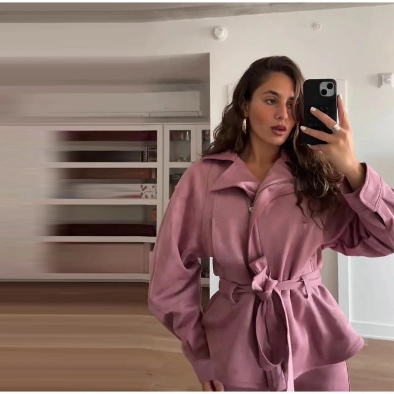 Women's Faux Suede Cropped Trench Coat Jacket Belted Notched Lapel Lace-up Retro Chic Outerwear Spring New High Street Outfit