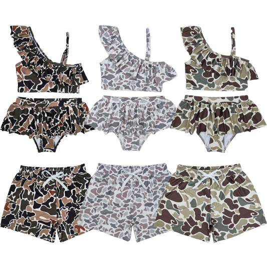 Wholesale Children Summer Grey Camo Print Swimsuit Kid Stretchy Swimwear Infant Matching Baby Boy Girl Swimming Trunks Shorts