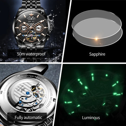 OUPINKE 3251 Men's Watches Flywheel Automatic Mechanical Original Wristwatch for Man Waterproof Luminous Perpetual Dual Calendar