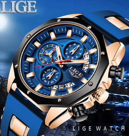 LIGE Fashion Men Watches Top Brand Luxury Silicone Sport Watch Men Quartz Date Clock Waterproof Wristwatch Chronograph Clock Man