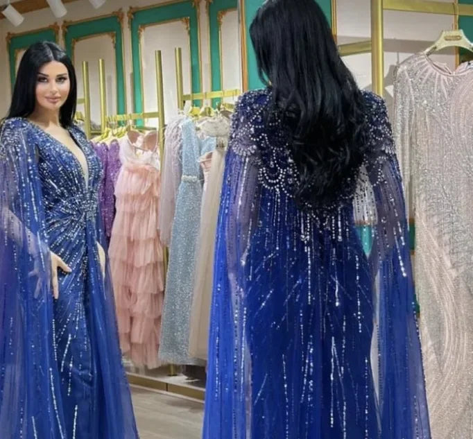 Serene Hill 2025 Turquoise Mermaid Evening Dresses Gowns With Beaded  Cape For Women's Wedding Party LA72168A Customized