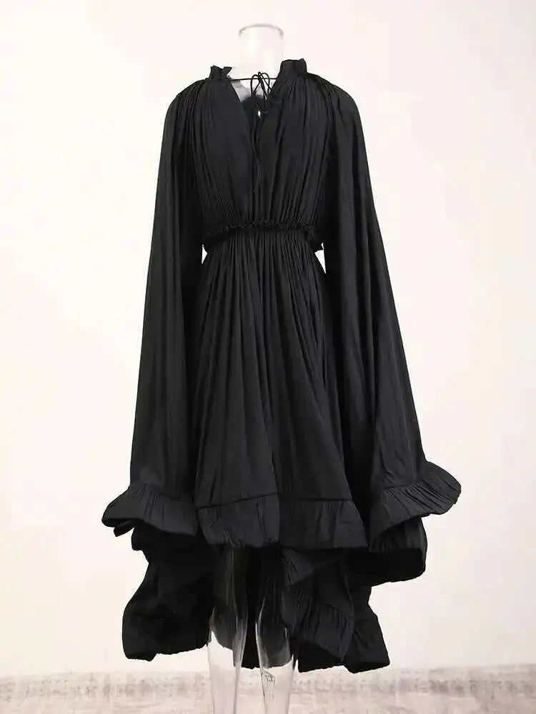 IEQJ Elegant Big Swing Irregular Ruffles Party Maxi Dresses For Women Cloak Sleeves Spliced Lace Up Pleated Dress 2025 New