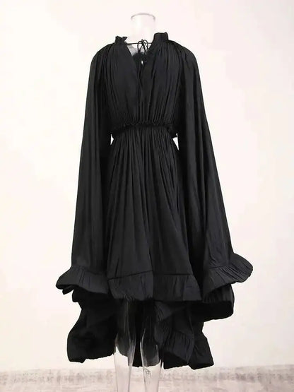 IEQJ Elegant Big Swing Irregular Ruffles Party Maxi Dresses For Women Cloak Sleeves Spliced Lace Up Pleated Dress 2025 New