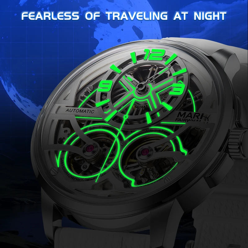 Mark Fairwhale Fashion Watches Mens Silicone Strap Waterproof Automatic Skeleton Mechanical Watch