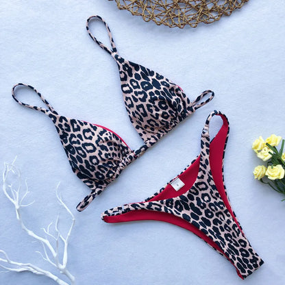 Sexy Leopard Bikini Suit Women Strap Push Up Swimsuit Three Points Bikini Set Low Waist Swimwear Women Summer Backless Beachwear