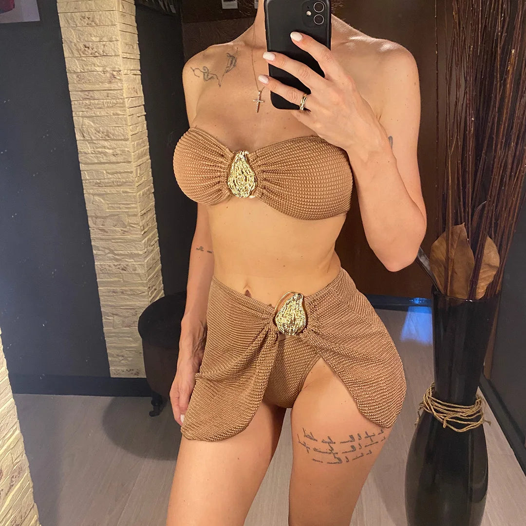 5 Colors With Skirt Bandeau Bikini Female Swimsuit Women Swimwear Three-pieces Bikini set Padded Bather Bathing Suit Swim V6624