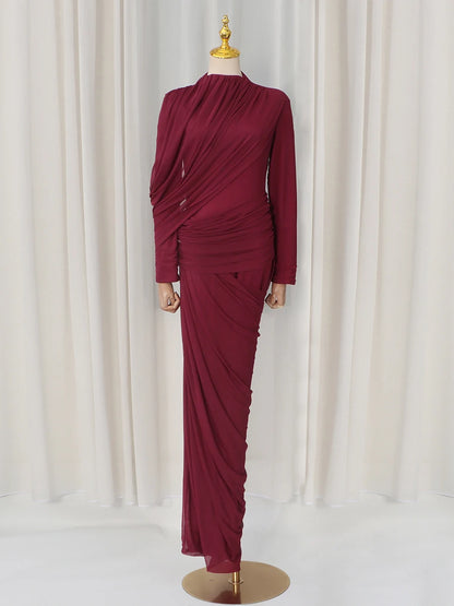 VGH Elegant Vintage Spliced Ribbon Dresses for Women Turtleneck Long Sleeve Irregular Folds Evening Luxurious Maxi Dress Female