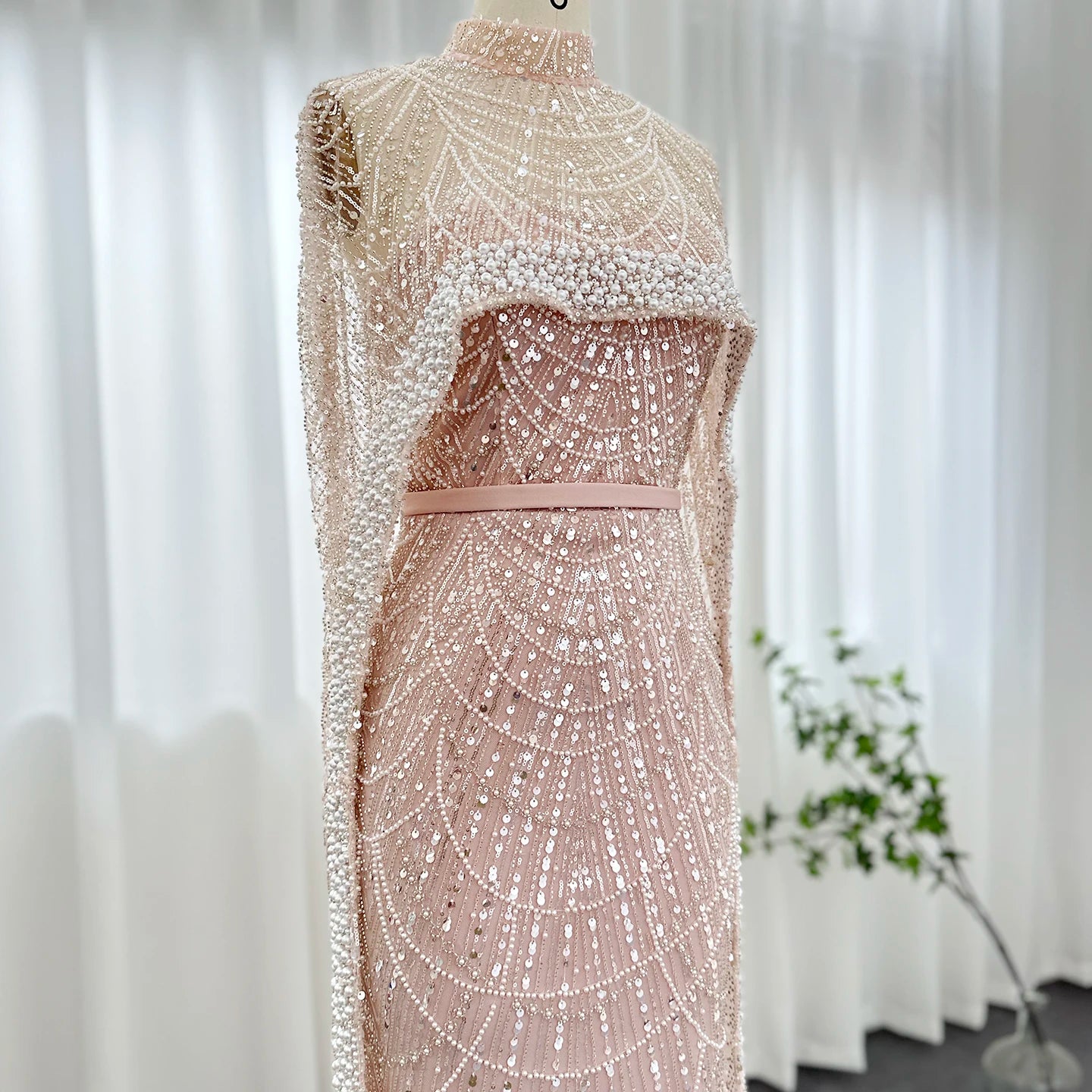 Sharon Said Luxury Pearls Dubai Champagne Evening Dresses with Cape New Arabic Women Mermaid Wedding Party Prom Dress SS369