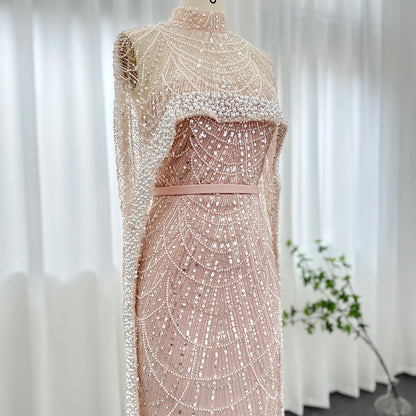 Sharon Said Luxury Pearls Dubai Champagne Evening Dresses with Cape New Arabic Women Mermaid Wedding Party Prom Dress SS369