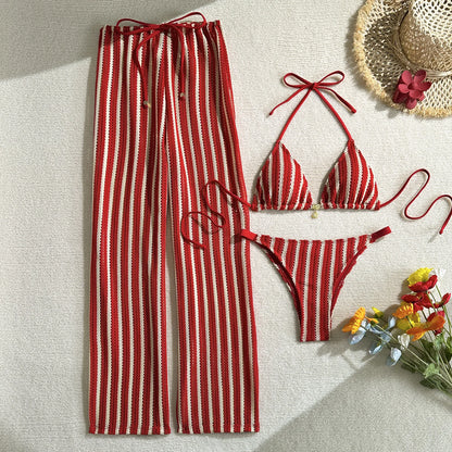 Vintage Red Striped Bikini Set 2026 Women Drawstring Long Panties 3 Piece Swimsuit Beach Holiday Bathing Suit Thong Swimwear