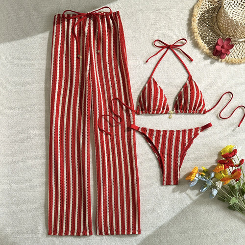 Vintage Red Striped Bikini Set 2026 Women Drawstring Long Panties 3 Piece Swimsuit Beach Holiday Bathing Suit Thong Swimwear