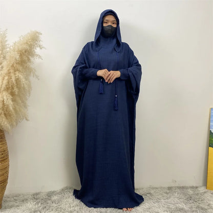 Hot Seller Ramadan Islamic Clothing Wrinkle Polyester Hoodie Abaya Dress With Undercap Muslim Women Abaya Hoodie Causal Dresses