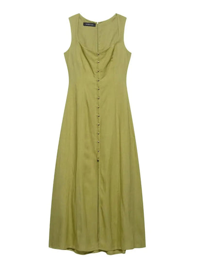 2025 Summer Elegant Dress Women Fashion Solid Square Collar Sleeveless Single Breasted Dress Ladies Vacation Green Spilt Dresses